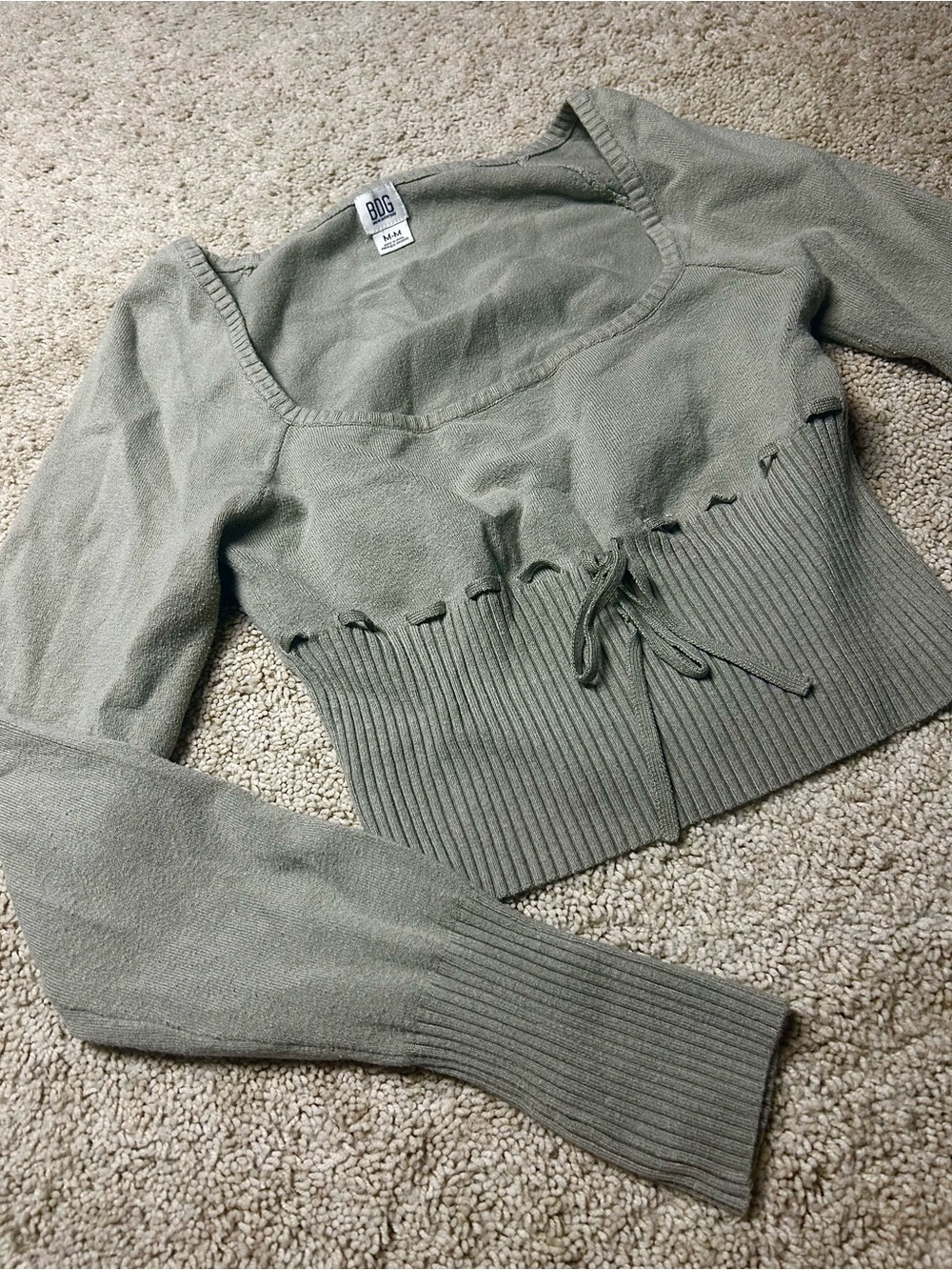 BDG Urban Outfitters Sage Green Lace-Up Cropped Sweater Top – Size M